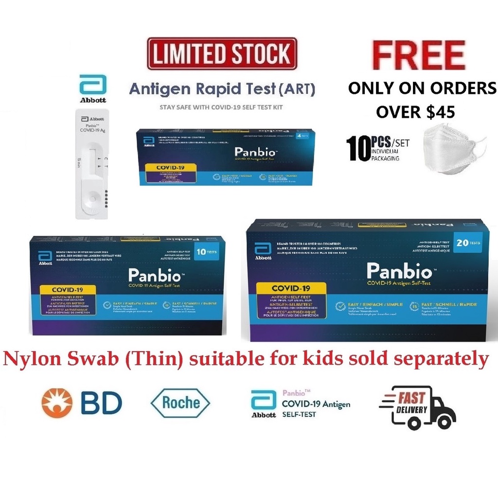 Abbott Panbio Covid19 (ART) 4/10/12/20 Test kits and Nylon Nasal Swab