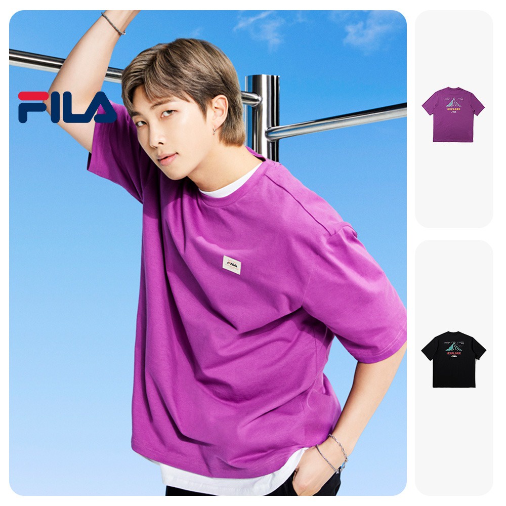 Fila Bts Unisex Fila Explore Mountain Print Cotton T Shirt Shopee Singapore