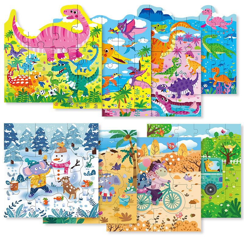 12/16/24/32pcs 4-In-1 Jigsaw Set Wooden Toys Dinosaur Traffic Puzzle for Children with Portable Gift Box