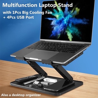Multifunction Laptop Stand with Cooling Fan + 4Pcs USB Port, Height Adjustable Lapdesk Desktop Orangizer Tablets Holder