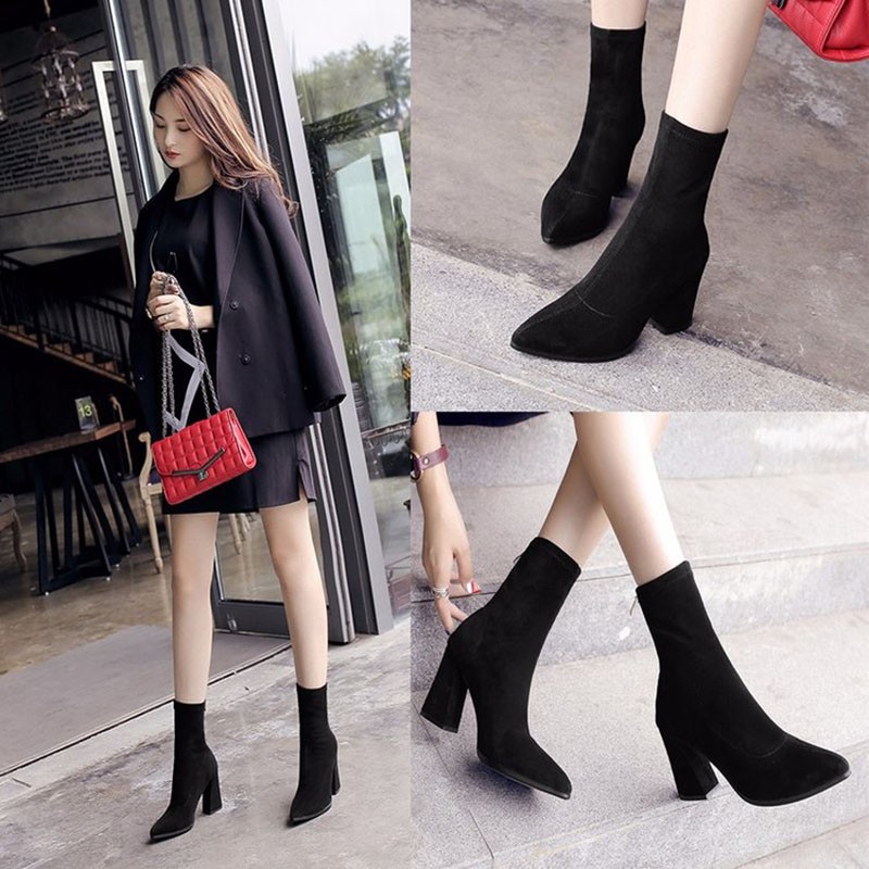 IELGY women's elastic ankle boots high heel pointed toe shoes | Shopee ...