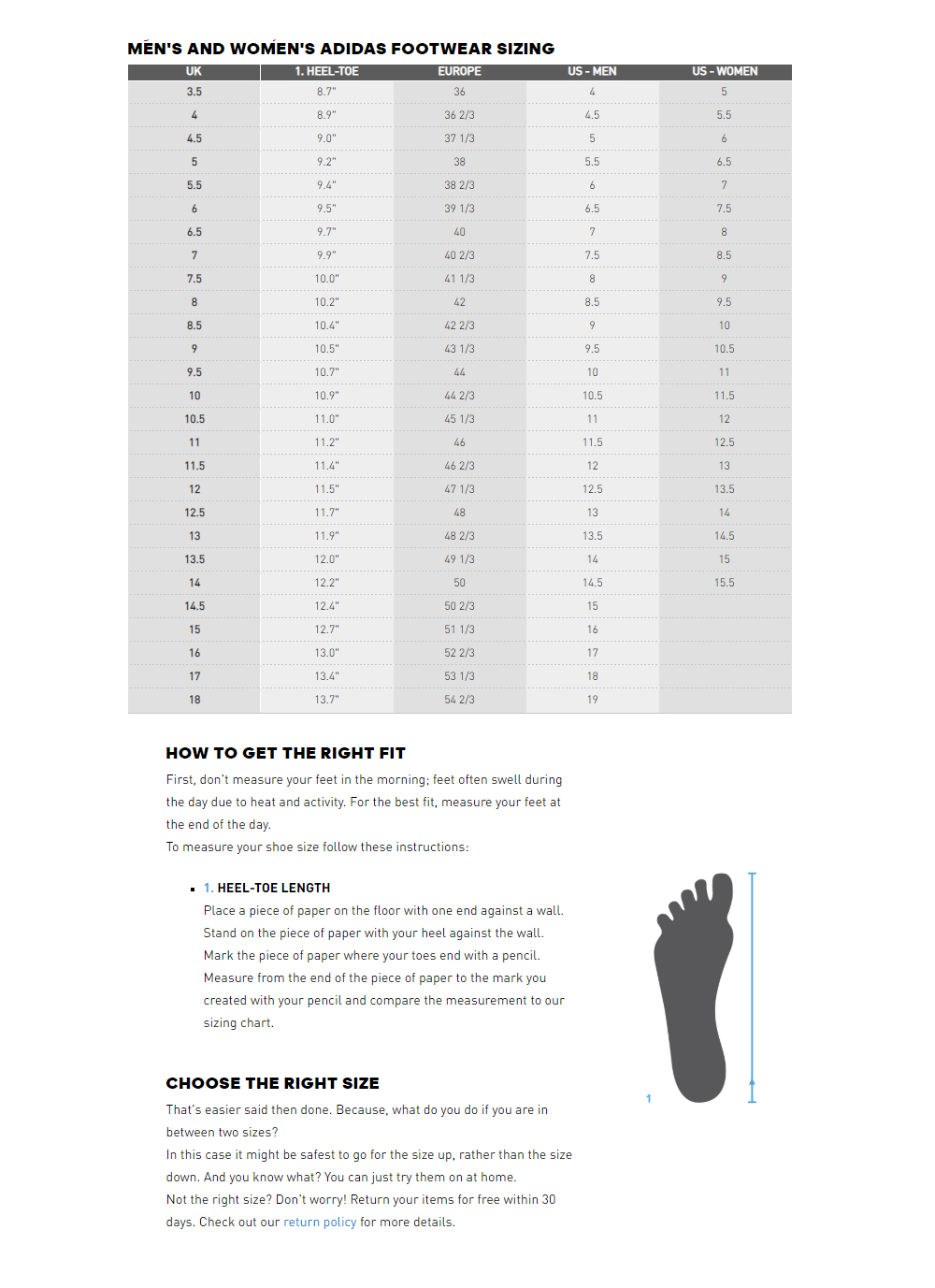 Size chart adidas ultra boost online