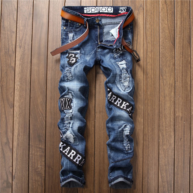 Men Jeans Biker Hole Denim Patch Harem Straight Punk Rock Slim Fit Classic Hip Hop Blue Jeans For Men Pants Shopee Singapore