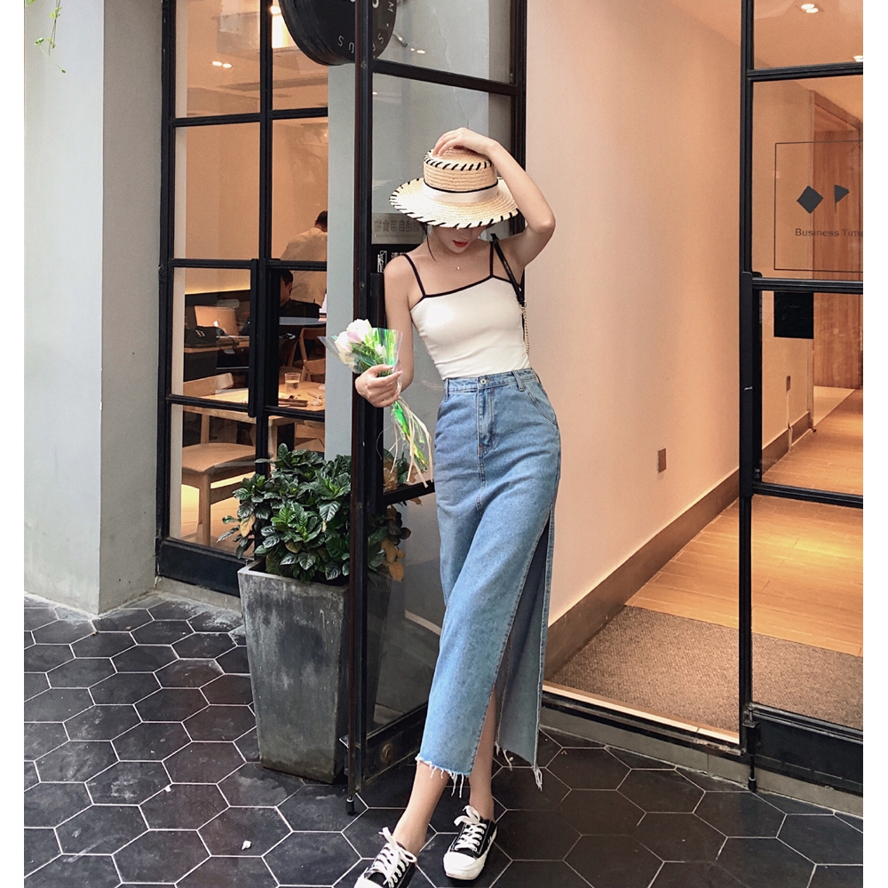 long denim skirt with split