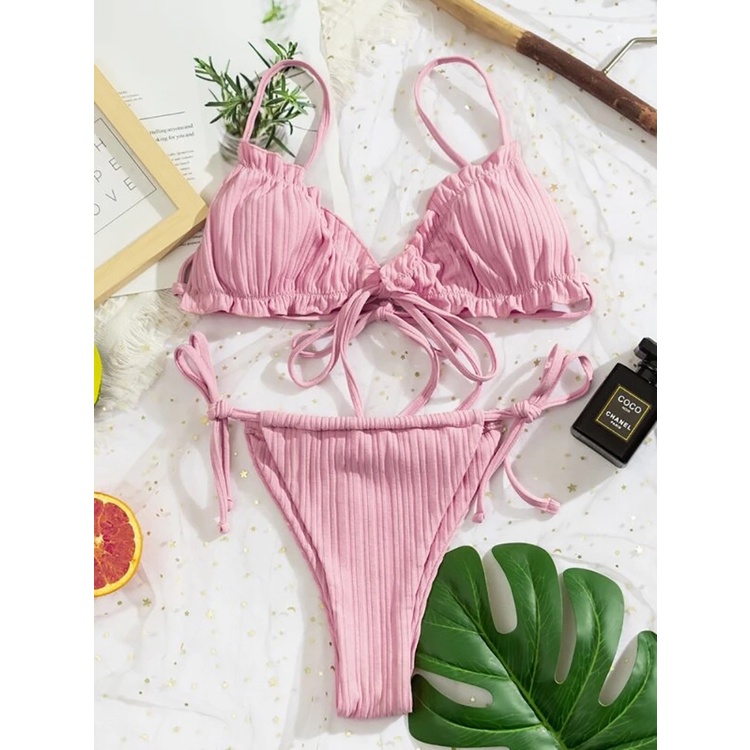 Swimsuit Swimwear Bikini Soild Color Drawstring Bikini | Shopee Singapore
