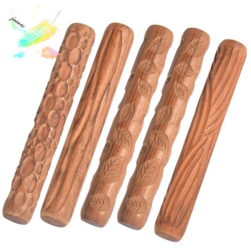 Grevis 5PCS Pottery Tools Wood Hand Rollers for Clay Clay Stamp Clay Pattern Roller 