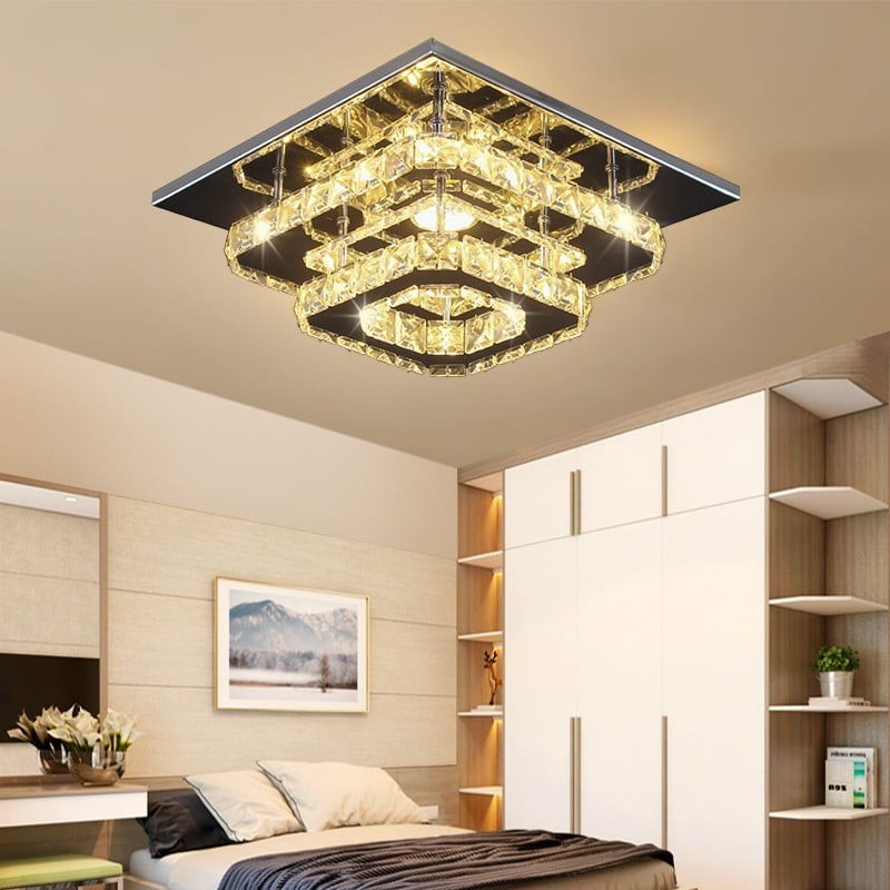 LED Square K9 Crystal Ceiling Fixtures Dining Room Pendant Lamp Light Chandelier 