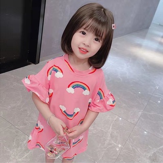 Cute Girls T-shirt Dress Summer Baby Girl Korean Version Rainbow Pattern Dress Children's Mid-length Dress #4