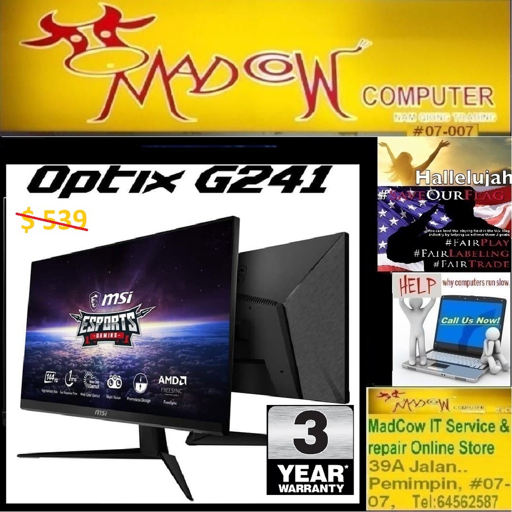 Msi Optix G241 24 144hz Ips 1ms 128 Srgb Fhd 19 X 1080 Freesync 3y Promo Till 10 Aug Shopee Singapore