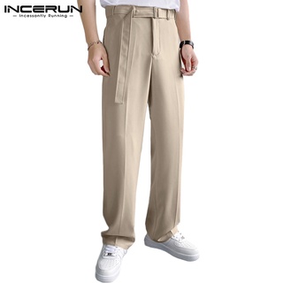 INCERUN Men's Korean Style Casual Solid Color With Belt Plain Long Pants