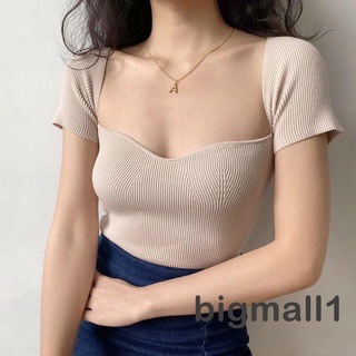 BIGMALL-Women´s Basic Rib Knit Tops, Sexy Summer Short Sleeve Solid Color Slim Fit T-Shirts
