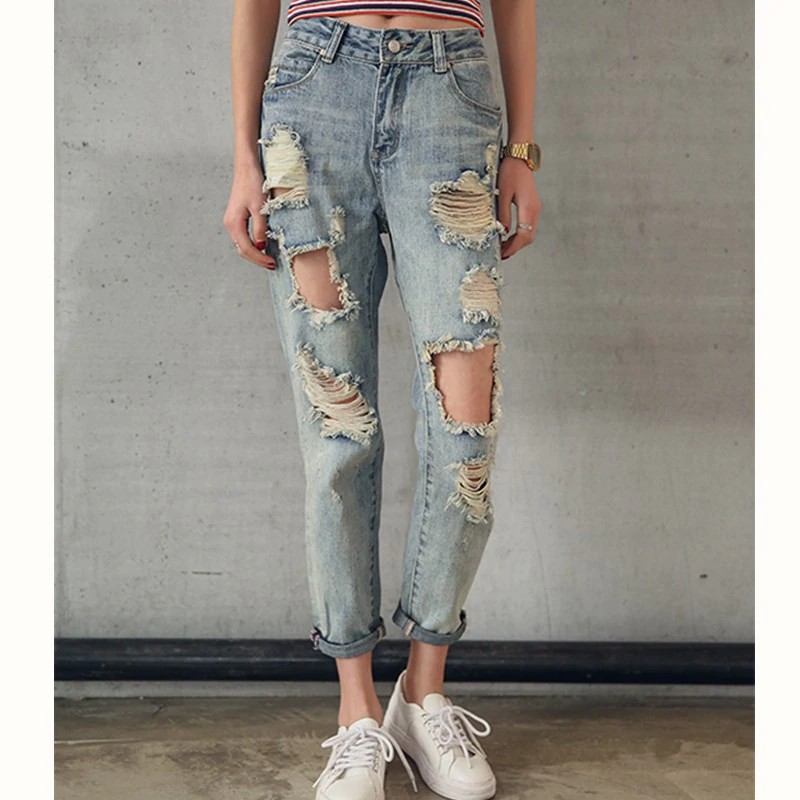 Hot Sales Fashion Women Destroyed Ripped Distressed Slim Denim Jean Boyfriend Jeans Hole Pencil Trouser Plus Size 9053 Birthday Gift Shopee Singapore