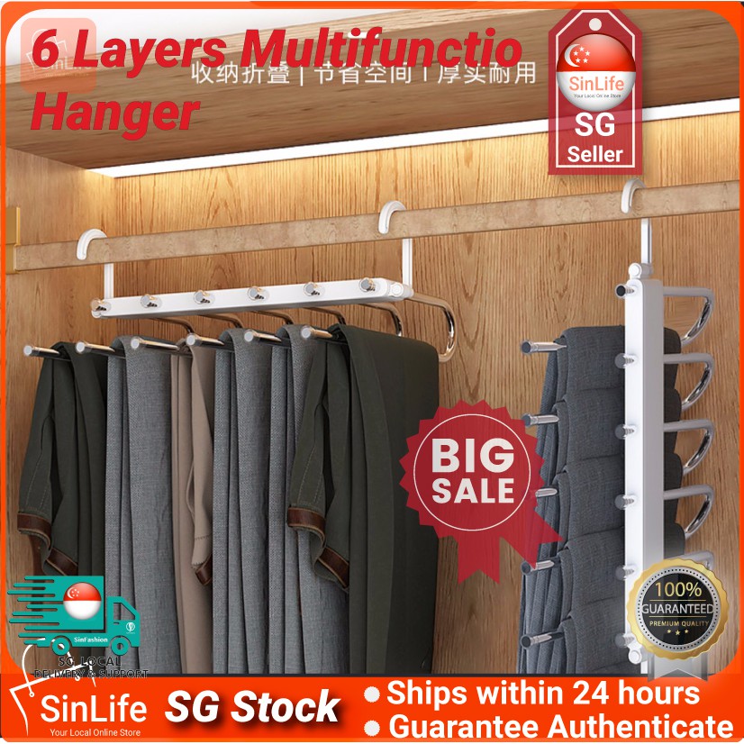 [Ready Stock✅] 6 Layers Multifunction Storage Space Saving Household Scarfs Movable Rod Trouser Hanger