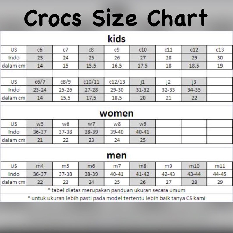 crocs j3 size in cm