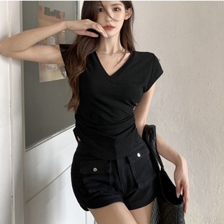 Image of thu nhỏ Pure cotton slim fit solid color v-neck short-sleeved T-shirt crop top #7