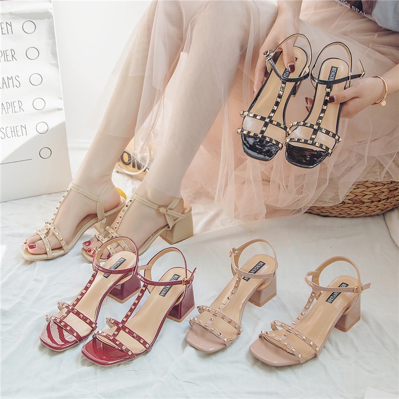 Women S T Strap High Heels Peep Toe Shoes With Rivets Shopee Singapore
