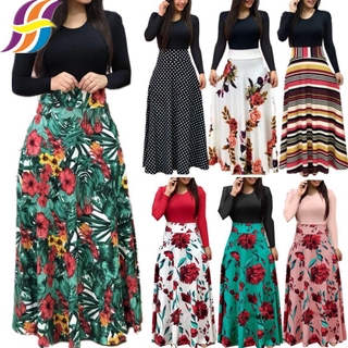Women Floral Print Long Dress Long Sleeve Casual Maxi Dresses Boho Party Evening Dress Beach PLus Size