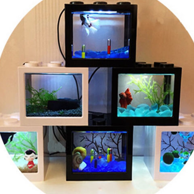 Mini Usb Desktop Aquarium Lcd Display Fish Tank Clock Led Lamp