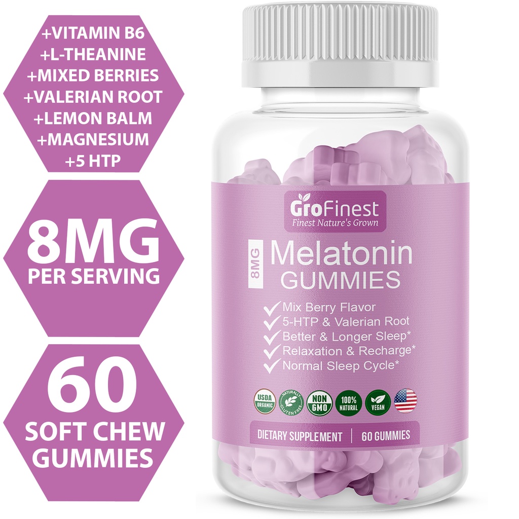 Grofinest Melatonin Gummy 8mg 5HTP Valerian Root Vitamin B Fall
