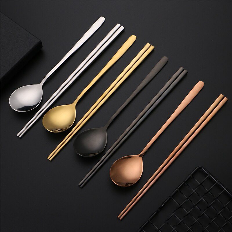 18/10 Korean Stainless Steel Food Chopsticks Spoon Set Long Handle Non