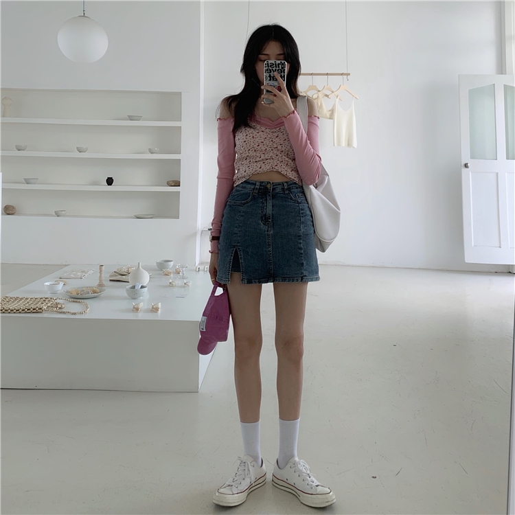 denim skirt korean outfit