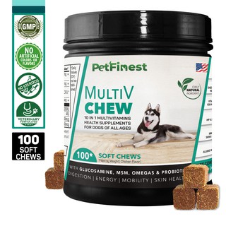 PetFinest Dog Multivitamins Chew Pet Supplement - Glucosamine/Probiotics/MSM/Omega 3/Vitamins - 100 Treats
