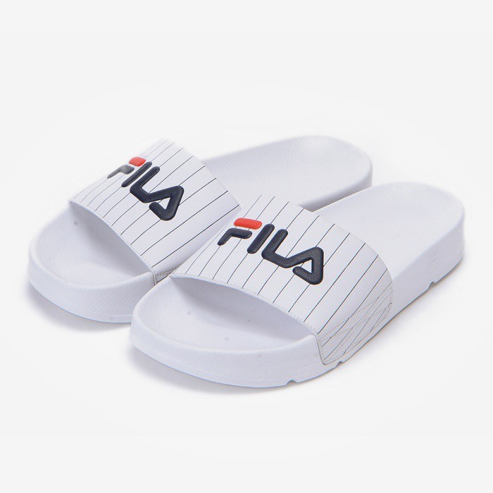 black and pink fila slides