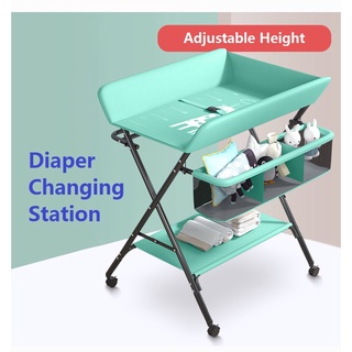 Baby Diaper Changing Station Table / Baby Massage Table with Racks, Organiser Storage Basket Adjustable Height (Green)