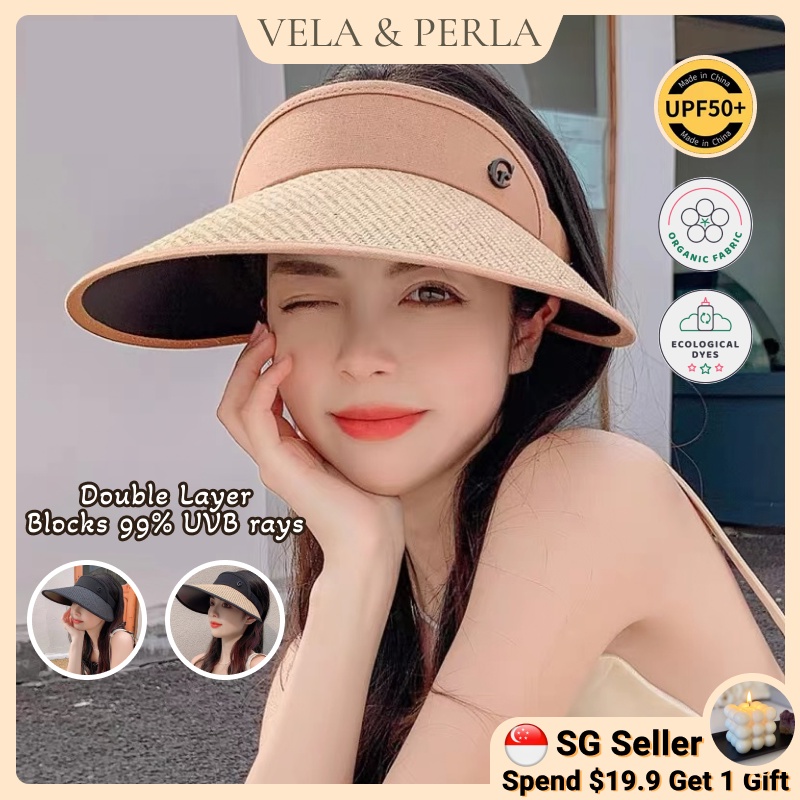 SG STOCK Vela Perla Women's Straw Visor UV Protection Sun Hat Wide Brim Korean Style Beach Hat