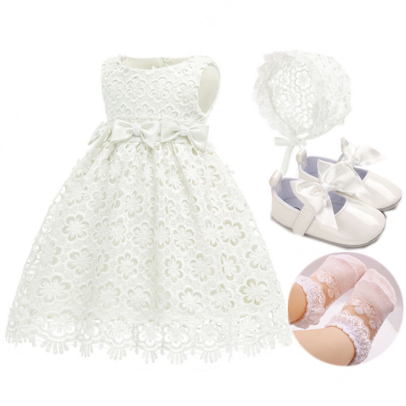 Baptism Dress Baby Girl Flower Design Cream White Christening Dress