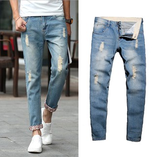 Image of Young Men Casual Distressed Jeans Men Fashion Straight Slim Destroy Wash Jeans