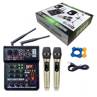 Audio Mixer with 2 Wireless Microphones Professional 4 Channels Bluetooth with Amplifier for KTV/Concert/Broadcast