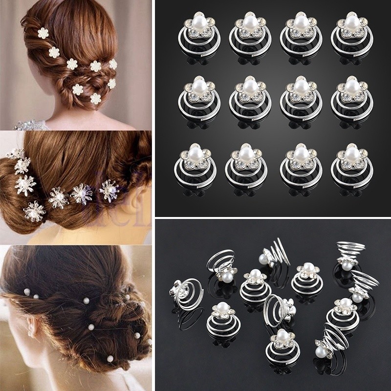 12cs Silver Wedding Crystal Hair Twists Swirls Pins Spirals Flower