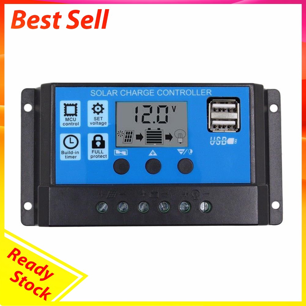 10/20/30A 12V/24V HD LCD Auto Work Solar Charge Controller PWM Dual USB