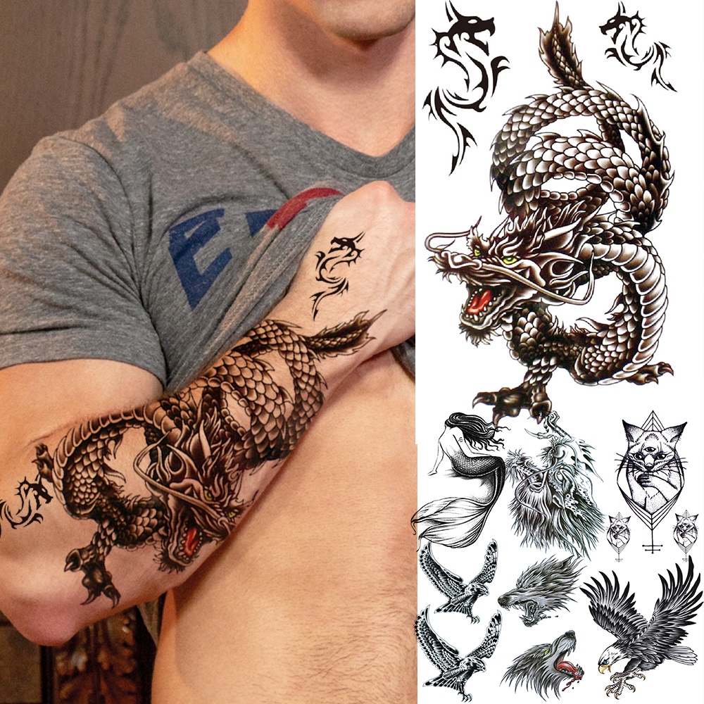 Realistic Dragon Fake Tattoo Stickers For Men Boys Kids 3D Fierce Wolf  Eagle Temporary Tattoos Mermaid Cat Washable Tattos | Shopee Singapore