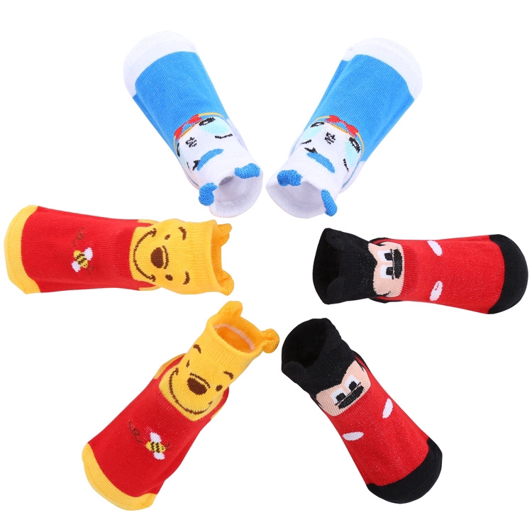 Cartoon Winnie Non Slip Baby Socks 3 Pairs Set with Non Skid Soles for 0-3 Years Infants Toddlers