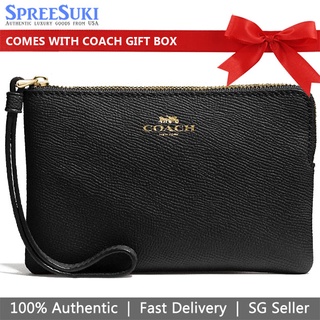 Image of Coach Wristlet In Gift Box Small Wristlet In Gift Box Corner Zip Wristlet In Crossgrain Leather Black # F58032