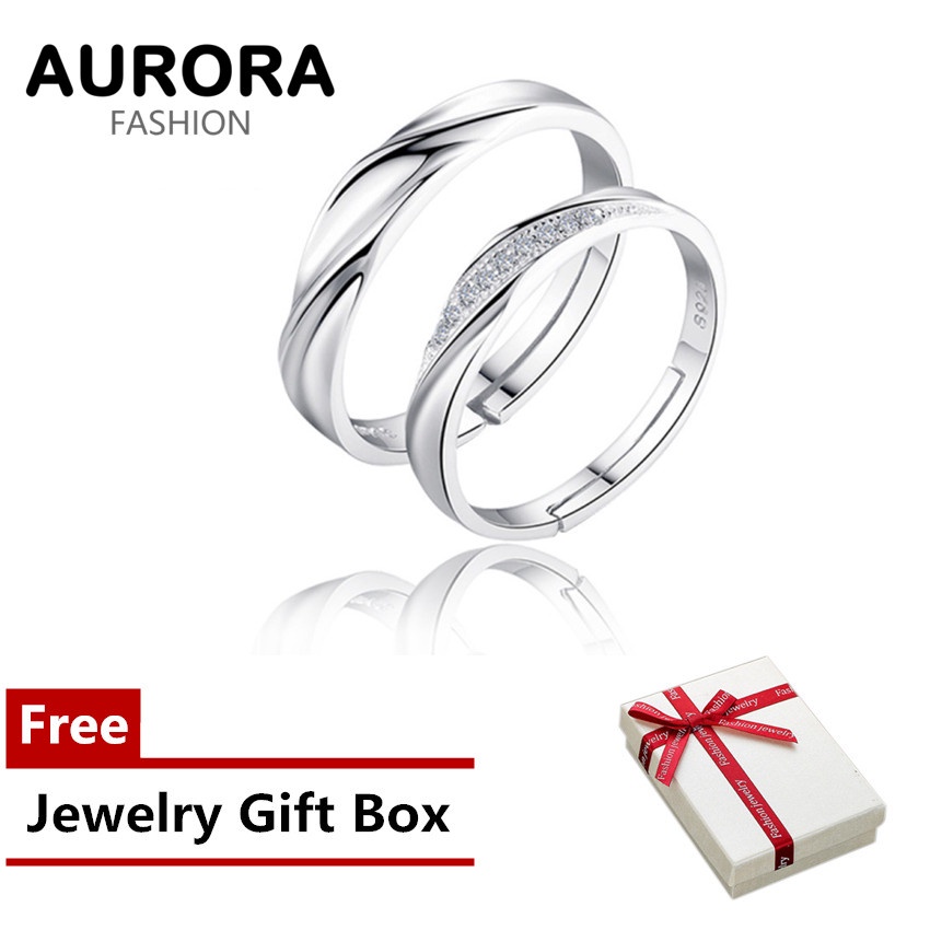 AURORA 925 Silver Diamond Couple Ring Love Together Adjustable Ring JZ013 Free Box