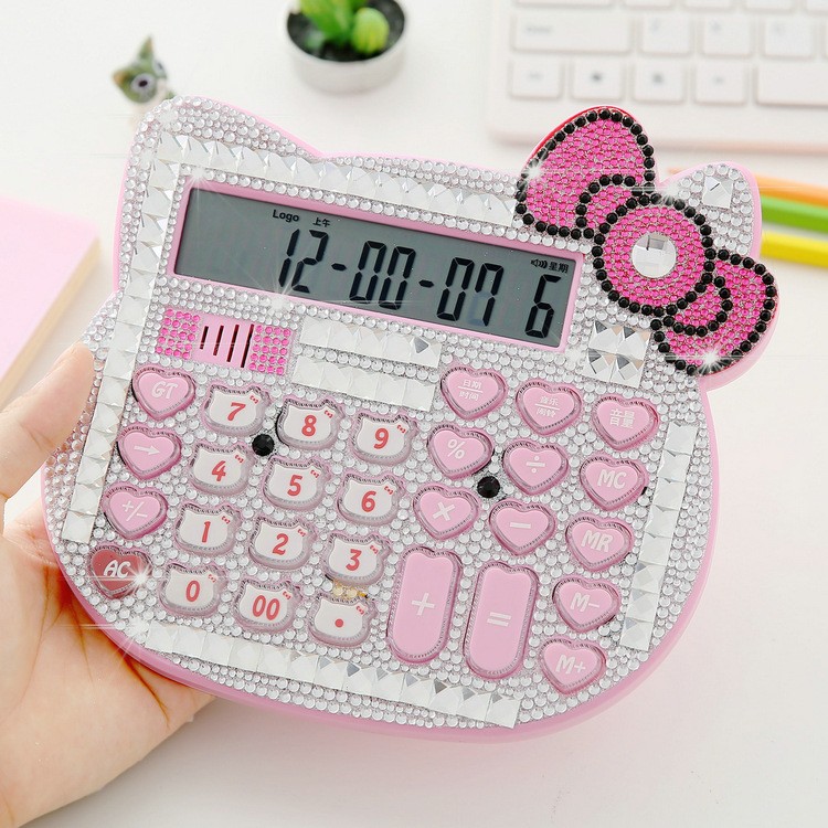 12 Digit Solar Pink/White Rhinestone Crystal Hello Kitty Calculator Dual Power