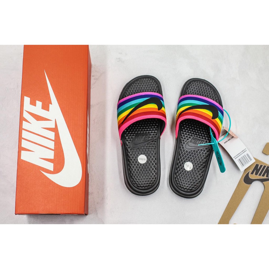 rainbow nike flip flops