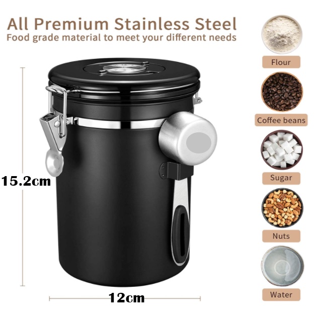 Airtight Coffee Canister Stainless Steel Kitchen Food Storage Container with Date Tracker and Scoop