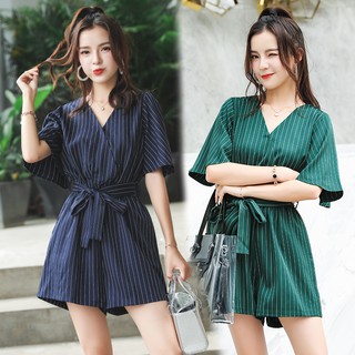 Image of #9089 Women V-neck Short Sleeve Rompers Ladies Fashion Striped Playsuit
