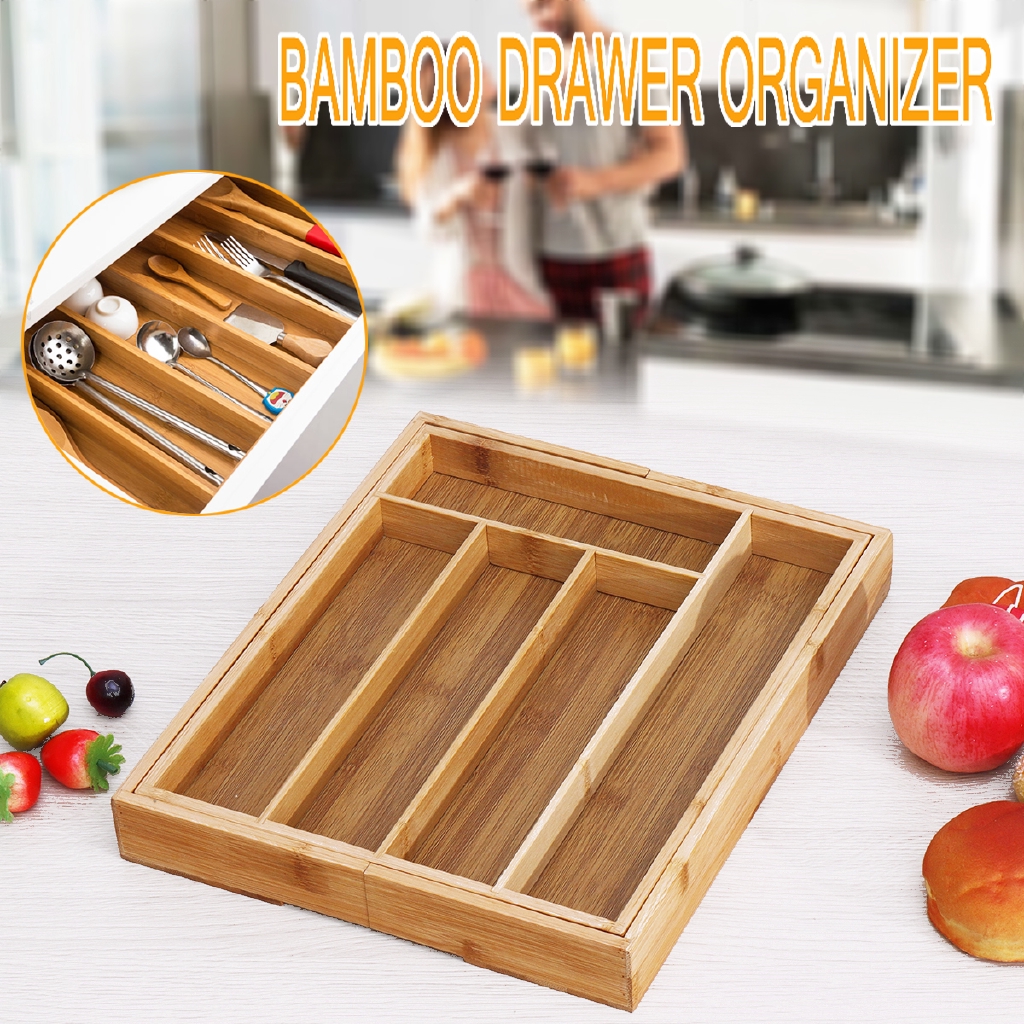 Expandable Bamboo Wooden Kitchen Drawer Organizer Cutlery Tray