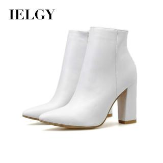 Image of IELGY Solid color high heel women fashion pointed wild 10cm thick heel comfortable short boots white