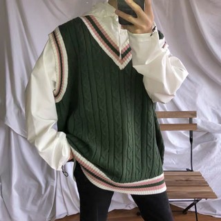 Image of Sweater Vest 2 Colors Spring Autumn Waistcoat V-Neck British Preppy Style Knitted Trendy Korean Version Literary Students Versatile Couple Contrast