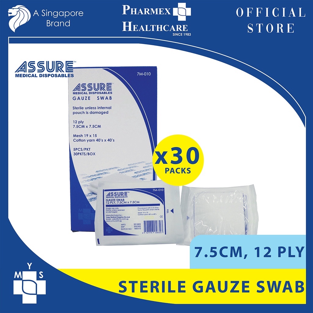 [Bundle of 30] ASSURE Gauze Swab Sterile 7.5cm X 7.5cm X 12Ply 5Pce/Pkt Shopee Singapore