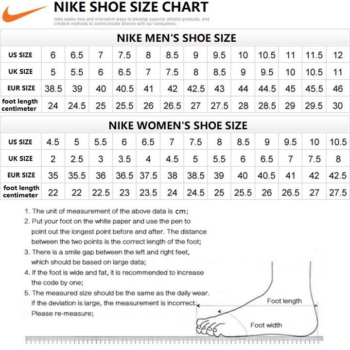 nike women's footwear size chart