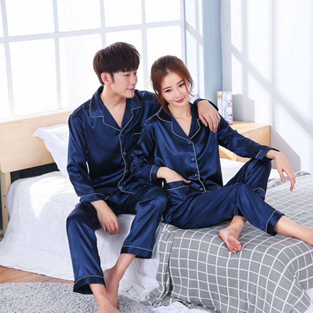 Korean Women Men Silk Pajama Sets Long Sleeve Sleepwear Couple Home  Nightgown | Shopee Singapore