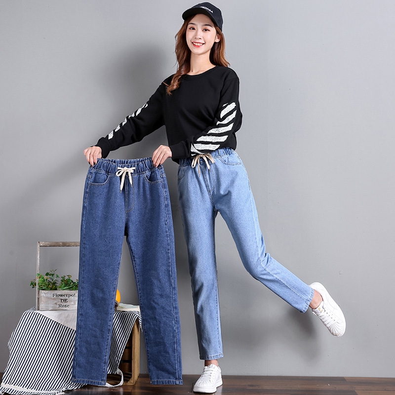 women's blue jeans with elastic waistband