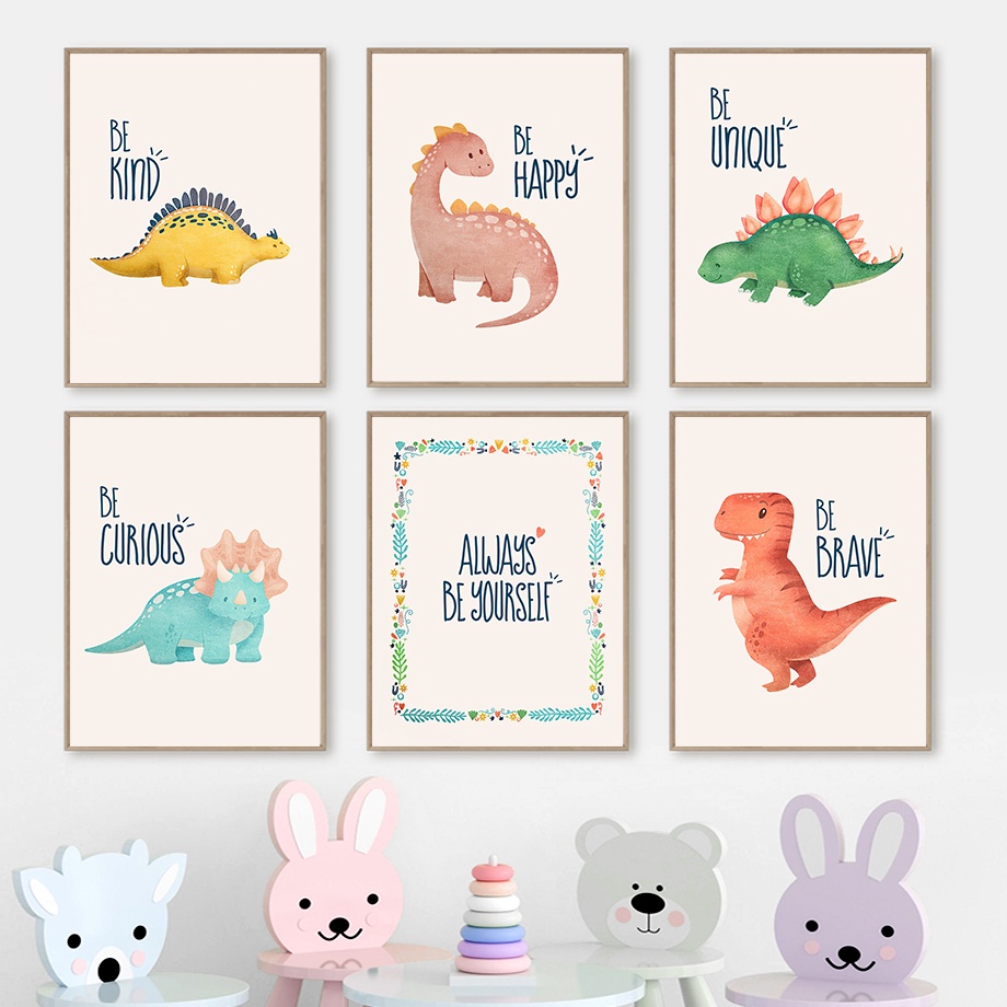 Frames Cute Dinosaur Cartoon Animal Quotes Nursery Poster And Prints Wall Art Canvas Painting